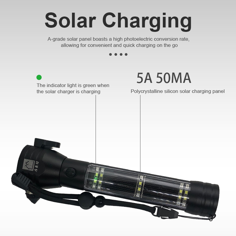 Aluminum Alloy Ultra-Strong Light - A Black Multi-Functional Solar Flashlight That Can Be Used For Emergency Escape In Cars.